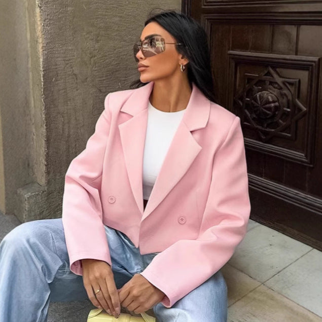 Women's Cropped Blazer with Oversized Sleeves and Button Details