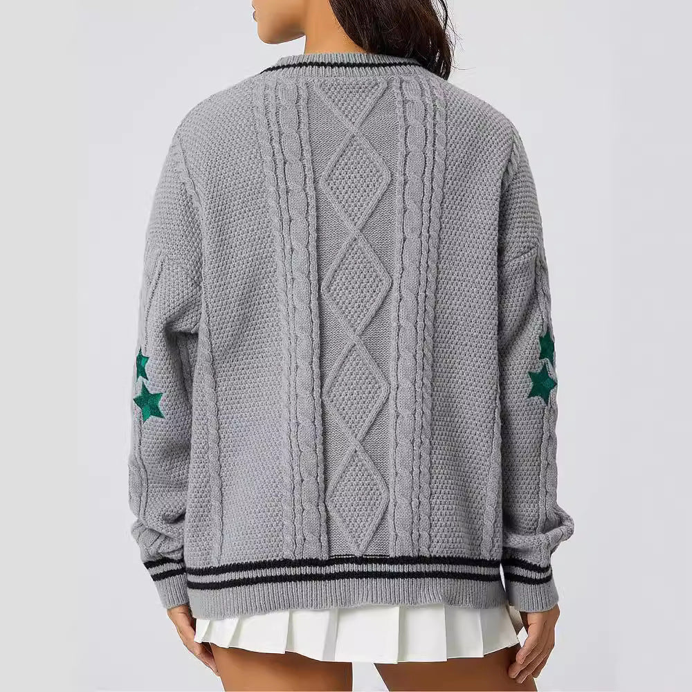 Women's Chunky Knit Cardigan with Decorative Stars and Contrast Trim