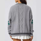 Women's Chunky Knit Cardigan with Decorative Stars and Contrast Trim