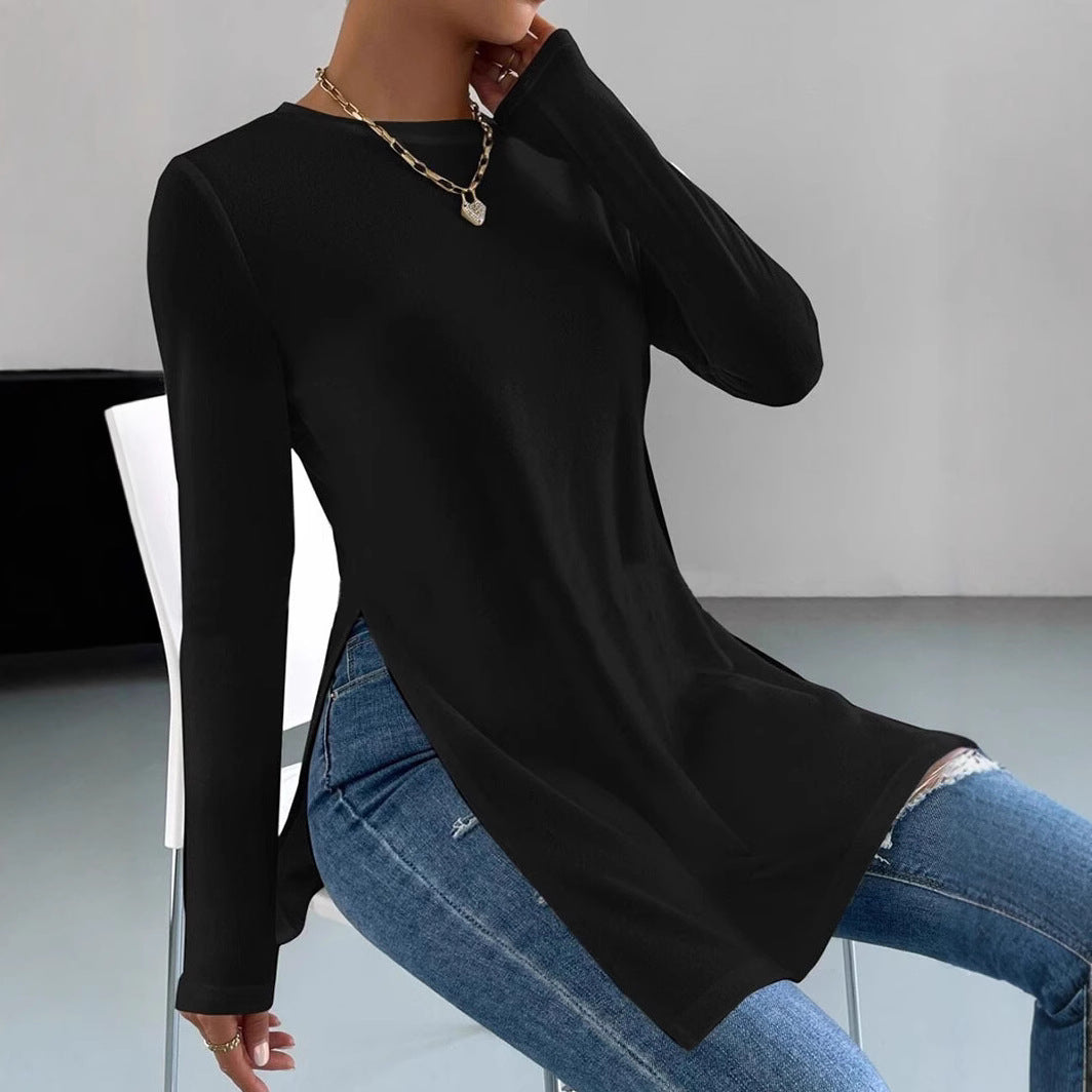 Women's Asymmetrical Long-Sleeve Top with Side Slits and Relaxed Fit