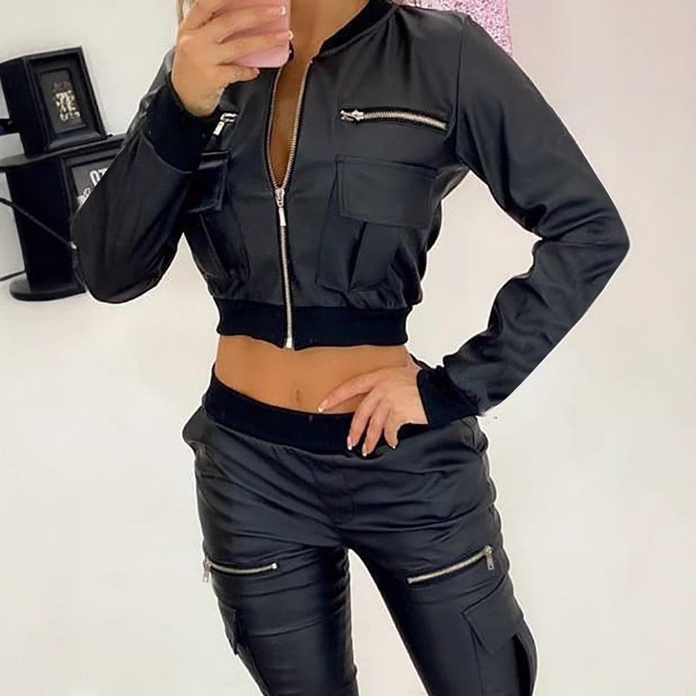 Women's Fashionable Bomber Jacket Set with Practical Pockets and Zipper