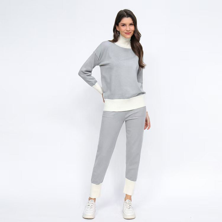 Women's Comfortable Knit Loungewear Set with High Collar and Elastic Cuffs