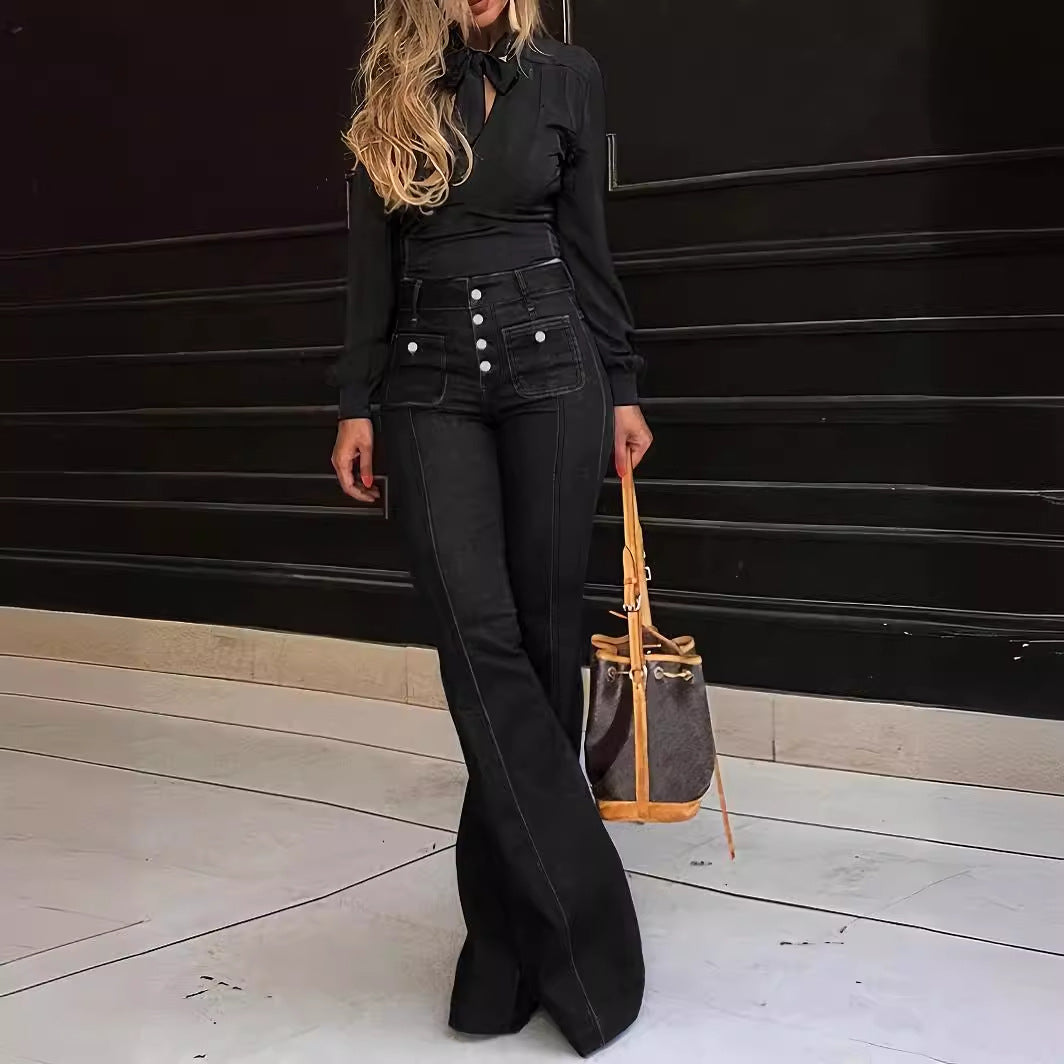 Women's High-Waist Flare Jeans with Button Details