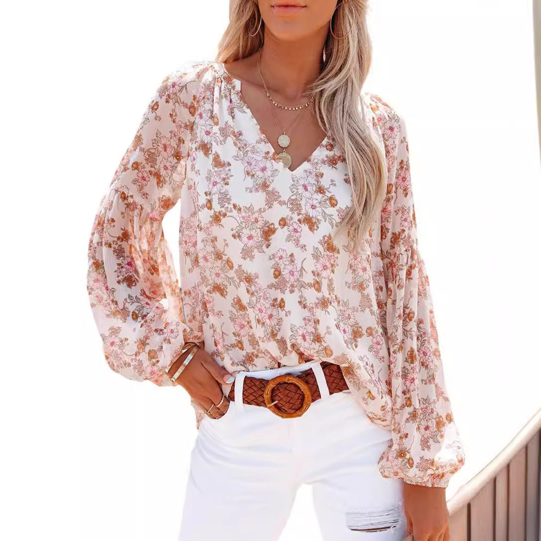 Women's Floral Blouse with V-Neck