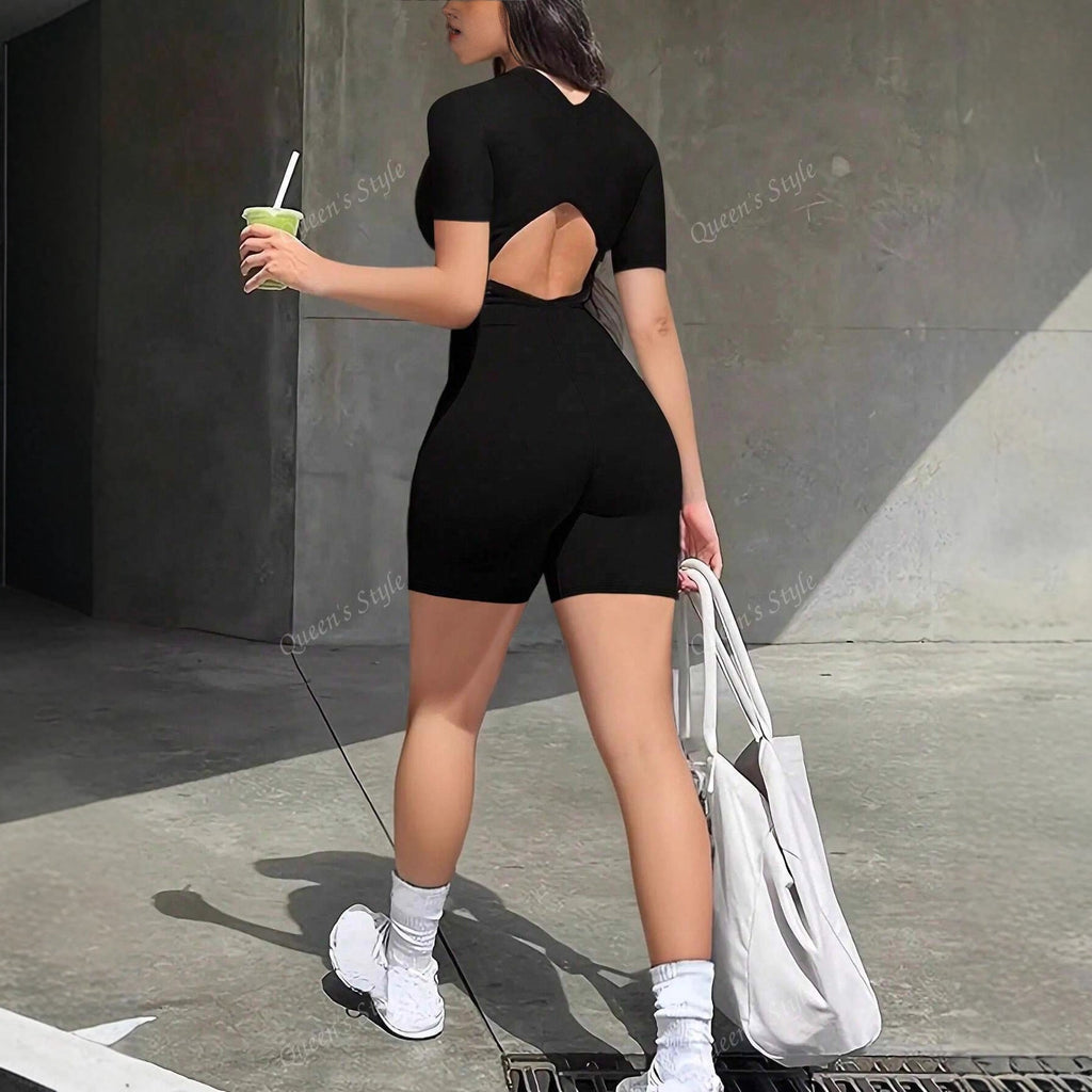 Women's Short-Sleeve Bodycon Jumpsuit with Zipper