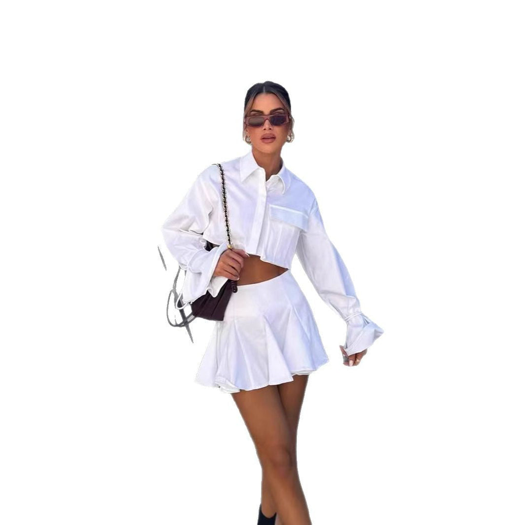 Women's Short-Sleeved Flowing Set with Cropped Blouse and Skirt