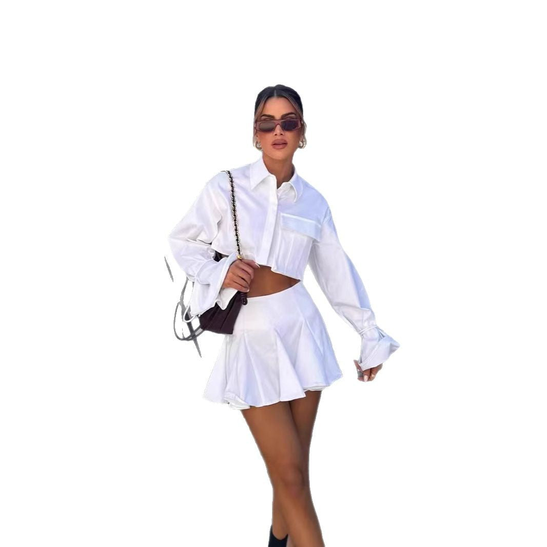 Women's Short-Sleeved Flowing Set with Cropped Blouse and Skirt