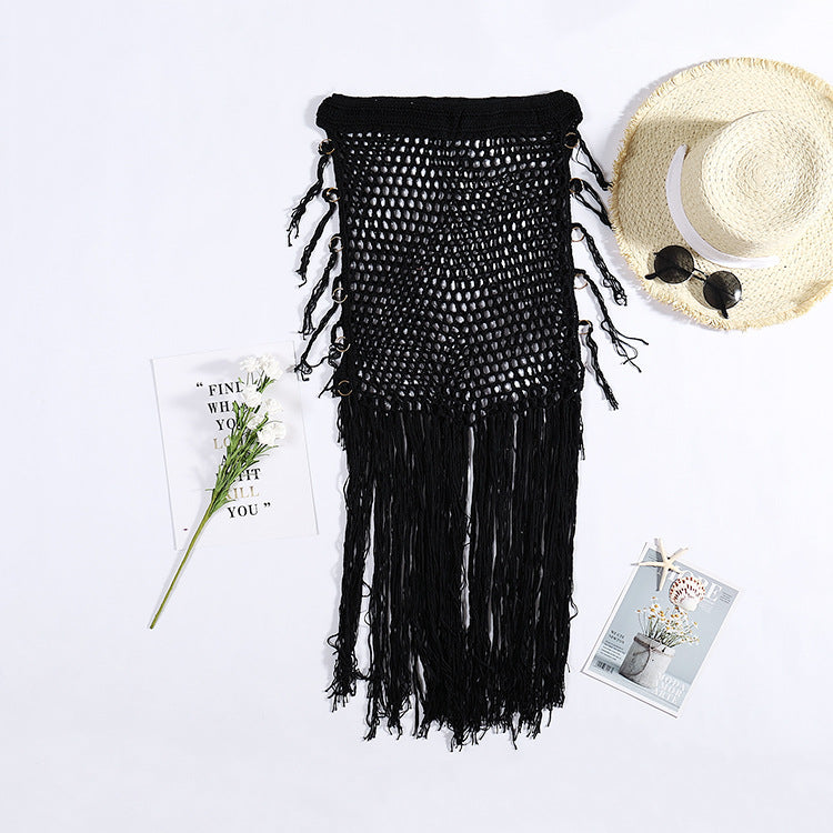 Women's Crochet Beach Poncho with Fringe and Shell Details