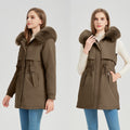 Women's Functional Parka with Detachable Faux Fur Collar and Waist Drawstring