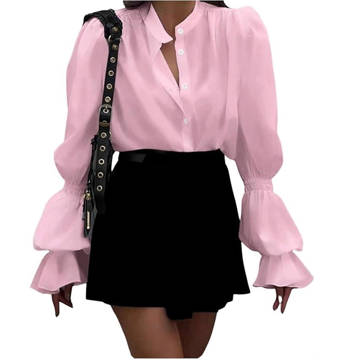 Women's Blouse with Elegant Puff Sleeves and Timeless Stand-Up Collar