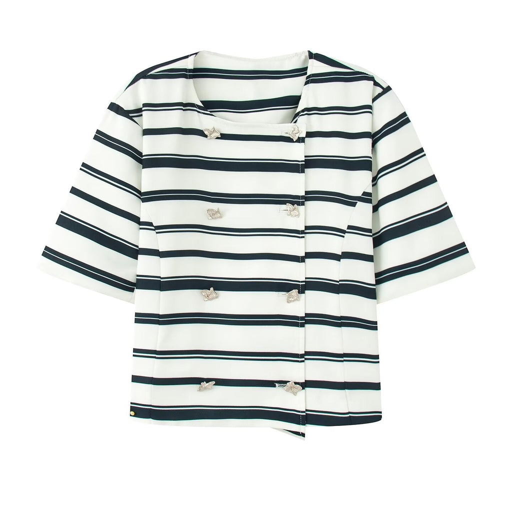 Women's Striped Blazer and Shorts Set with Button Details