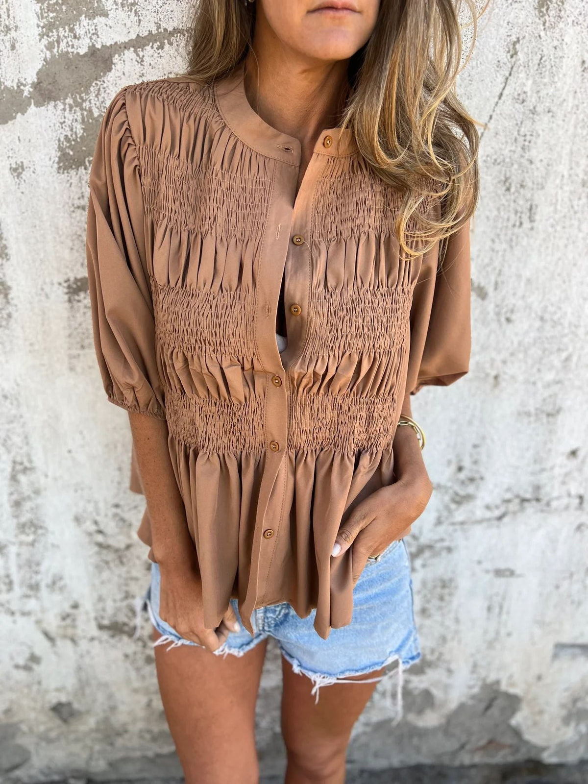 Women's Elegant Blouse with Ruching and Full Button Placket