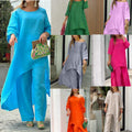 Women's Casual Linen Look Two-Piece with Asymmetrical Long Tunic and Wide Palazzo Pants