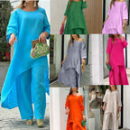 Women's Casual Linen Look Two-Piece with Asymmetrical Long Tunic and Wide Palazzo Pants