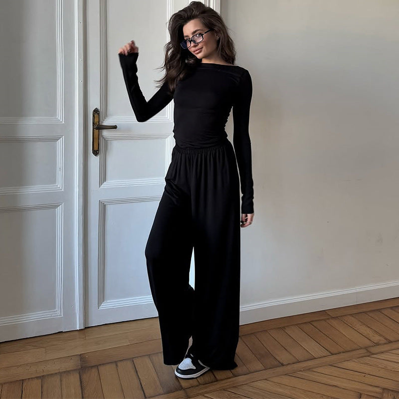 Women's Loungewear Set with Long-Sleeve Top and Wide-Leg Pants