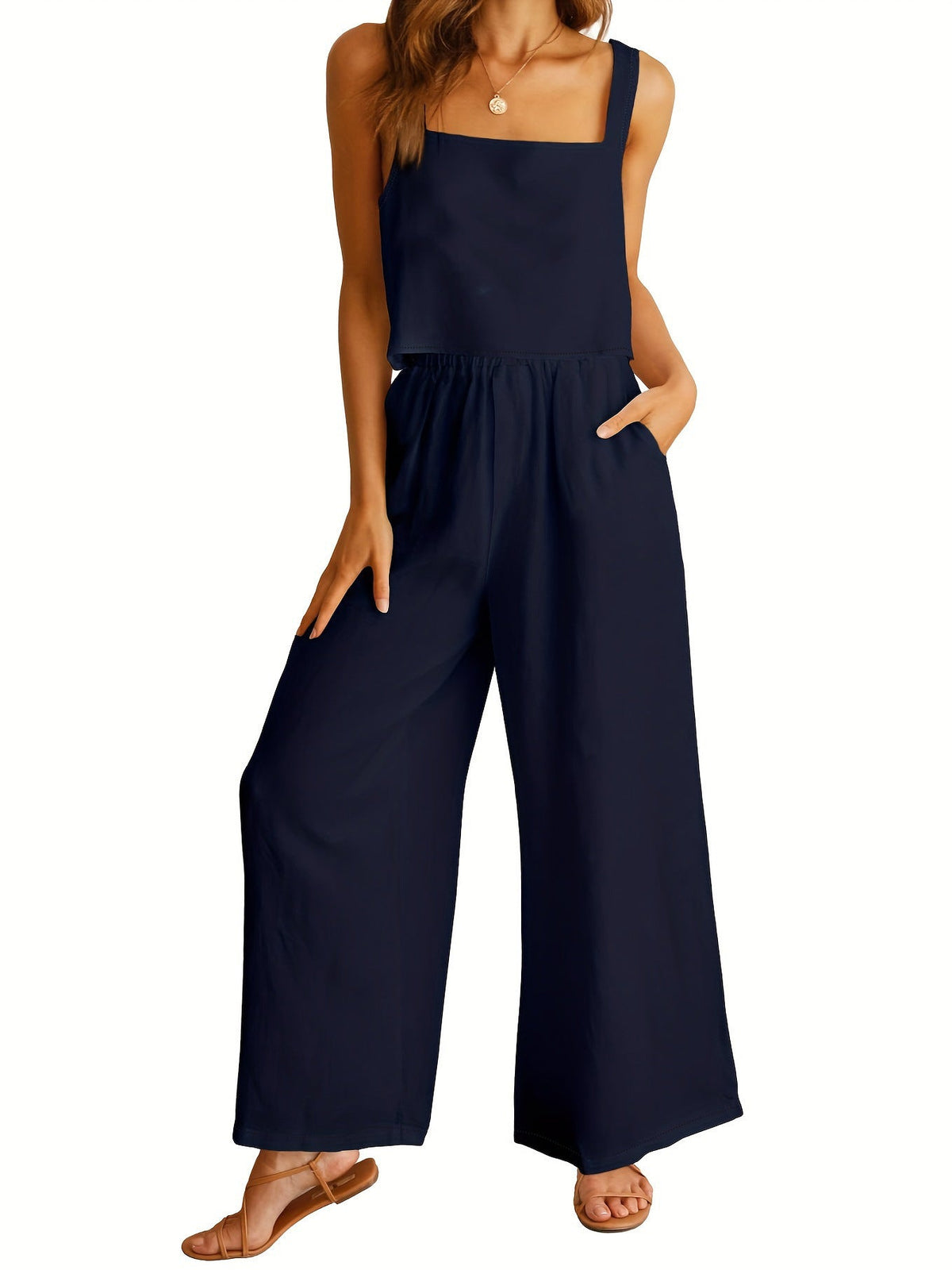 Women's Casual Wide-Leg Jumpsuit with Pockets