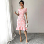 Women's Floral Lace Midi Dress with Ruffle Hem