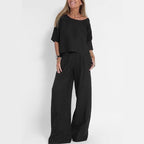 Women's Casual Linen Suit Set with Wide-Leg Pants and Cropped Top