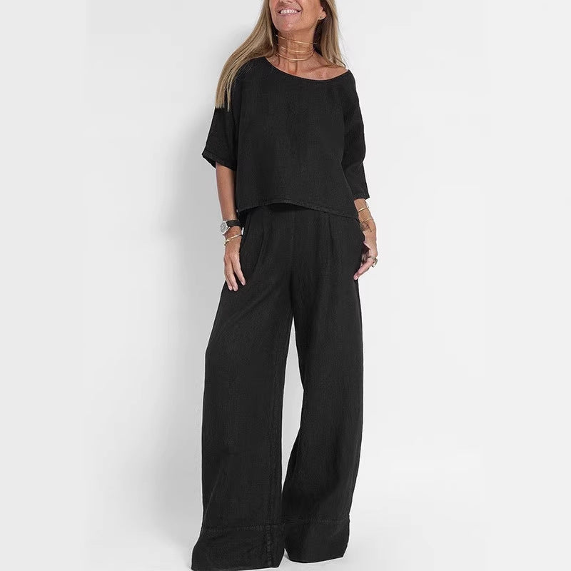 Women's Casual Linen Suit Set with Wide-Leg Pants and Cropped Top