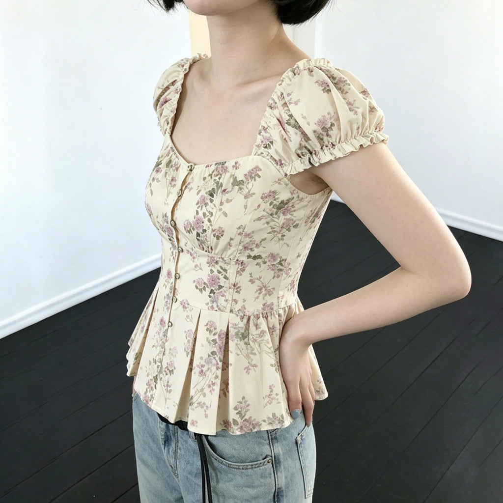 Women's Blouse with Floral Design and Ruffled Sleeves