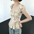 Women's Blouse with Floral Design and Ruffled Sleeves