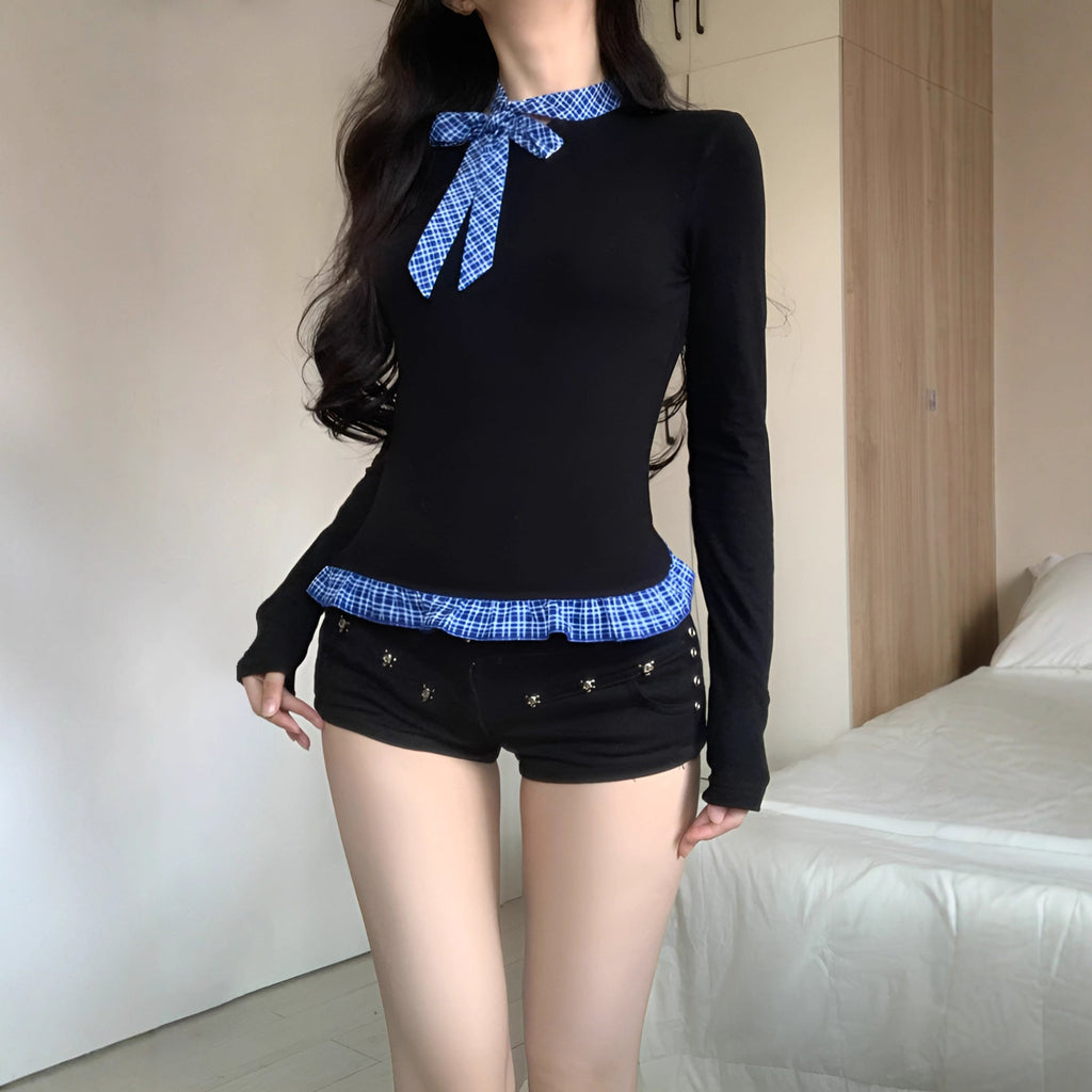 Women's Long-Sleeve Blouse with Plaid Collar and Ruffle Hem