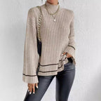 Women's Elegant Knit Sweater with High Collar and Wide Cuffs