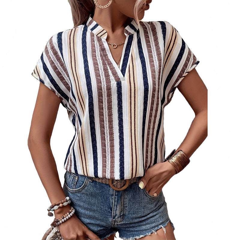 Women's Short-Sleeve Striped Blouse with Elegant Collar
