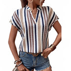 Women's Short-Sleeve Striped Blouse with Elegant Collar