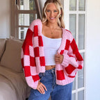 Women's Chunky Knit Cardigan in Modern Plaid