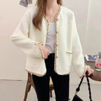 Women's Elegant Cardigan with Decorative Pearl Buttons and Fine Texture
