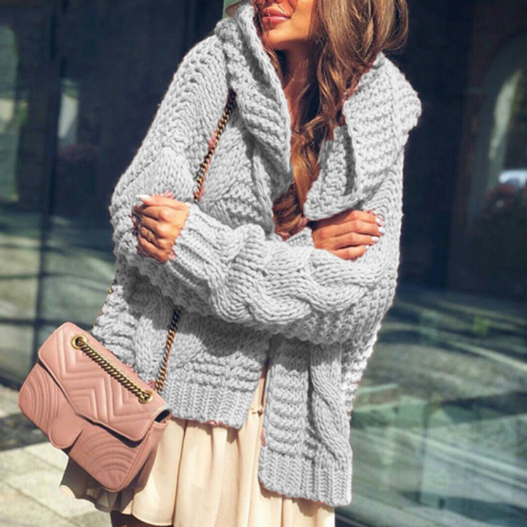 Women's Chunky Knit Cardigan with Plaid Pattern and Oversized Cut