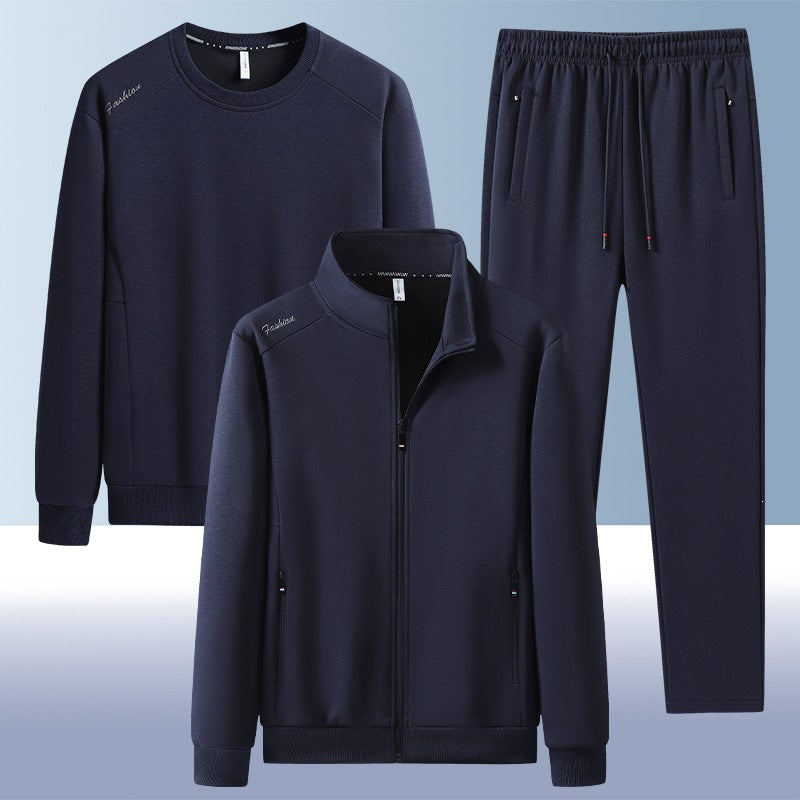 Men's two-piece training set with stand-up collar zip jacket, round neck sweatshirt, and tapered jogging pants