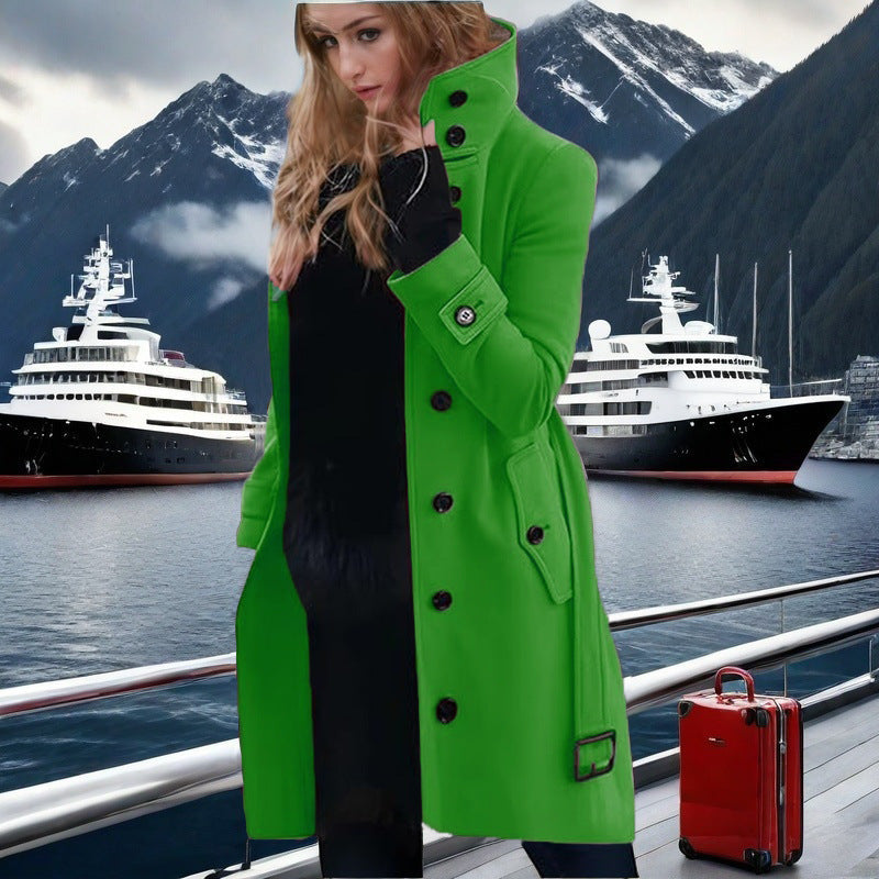Elegant Trench Coat with High Collar and Double-Breasted Button Placket