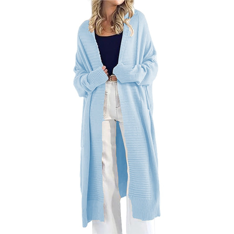 Women's Lightweight Knit Coat with Wide Sleeves and Pockets