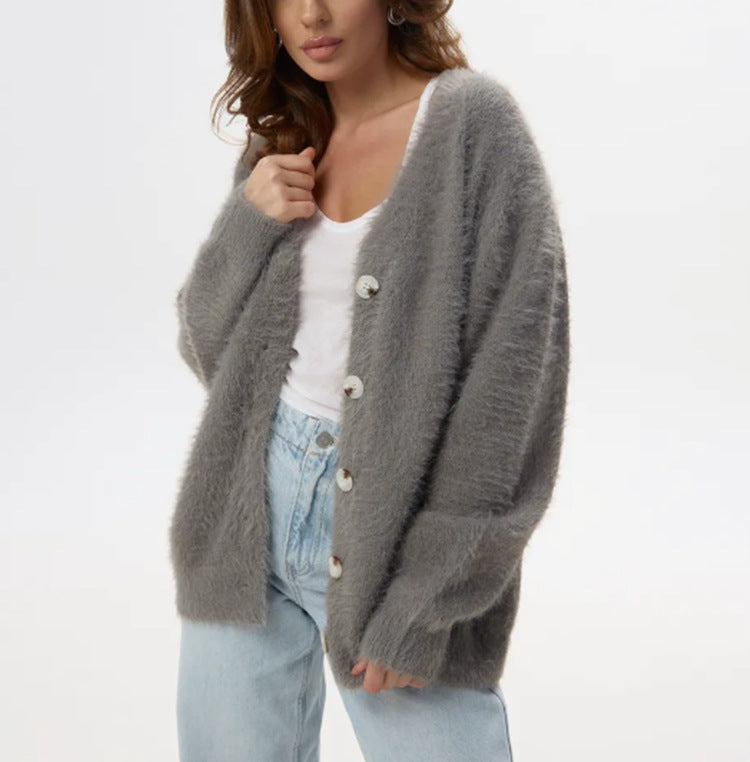 Women's Fluffy Cardigan with Pearl Buttons and Loose Fit