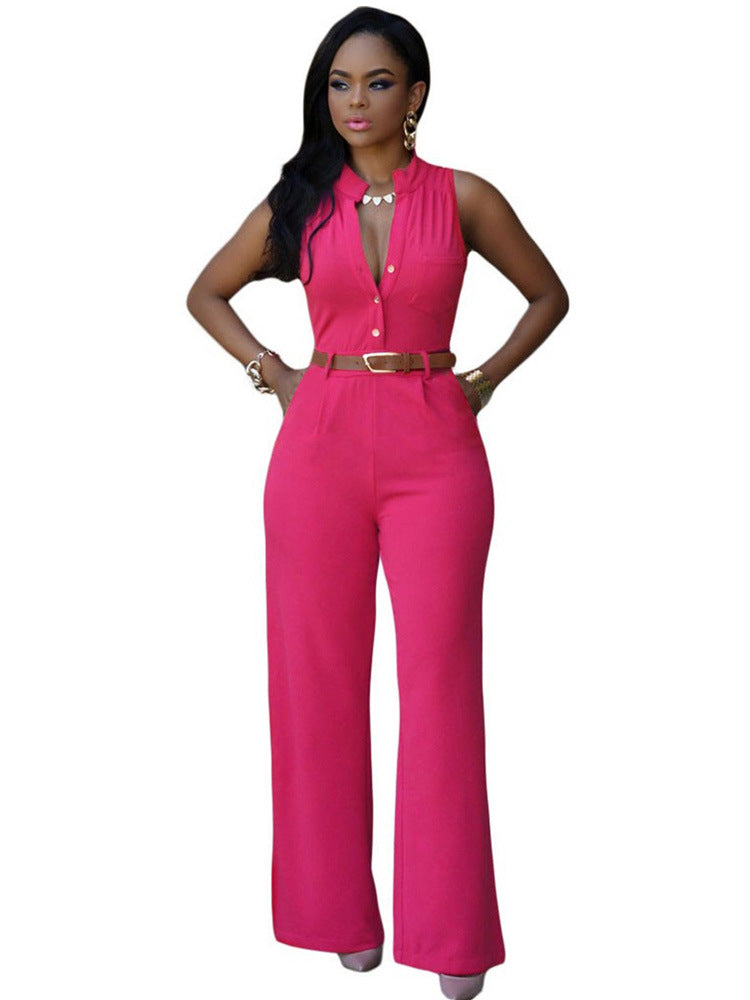 Women's Elegant Jumpsuit with Belt and Button Detail