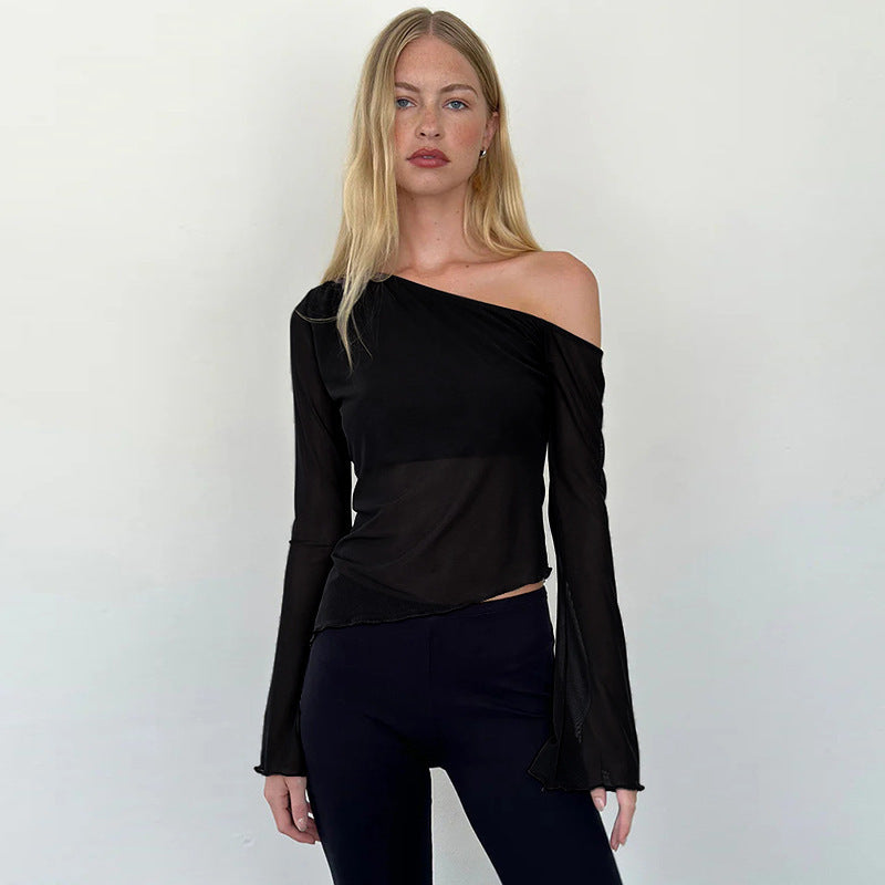 Women's Asymmetrical Long-Sleeve Shirt with Sheer Sleeves