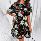 Women's Floral Casual Dress with Ruffled Hem and Short Sleeves