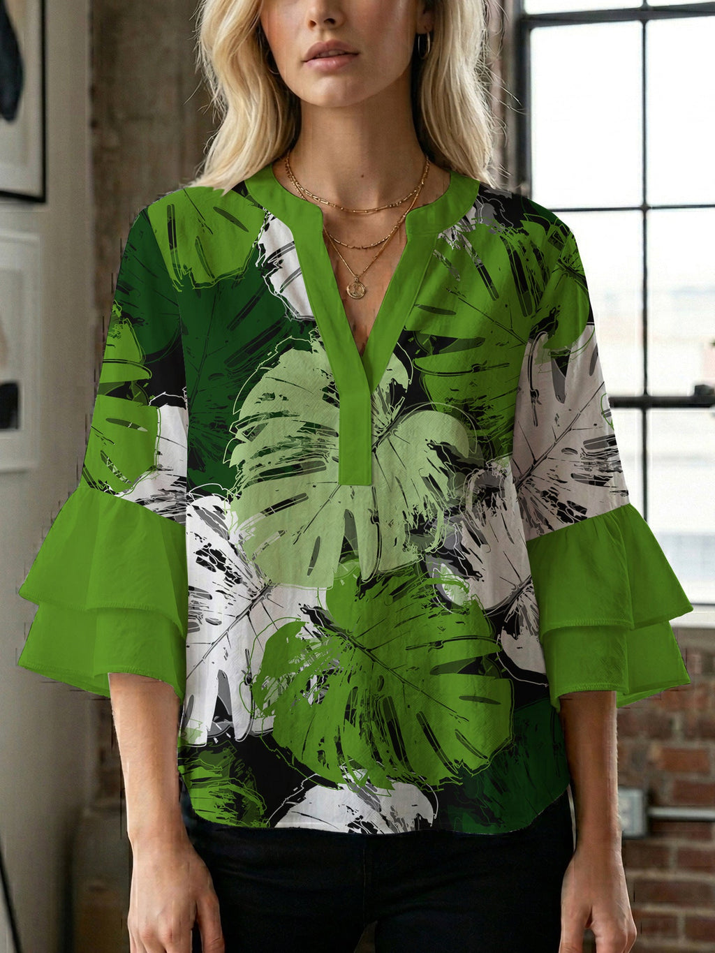 Women's Blouse with Voluminous Flutter Sleeves and Leaf Print