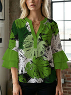 Women's Blouse with Voluminous Flutter Sleeves and Leaf Print