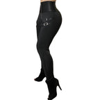 Women's Form-Fitting Faux Leather Leggings with Buckle Details