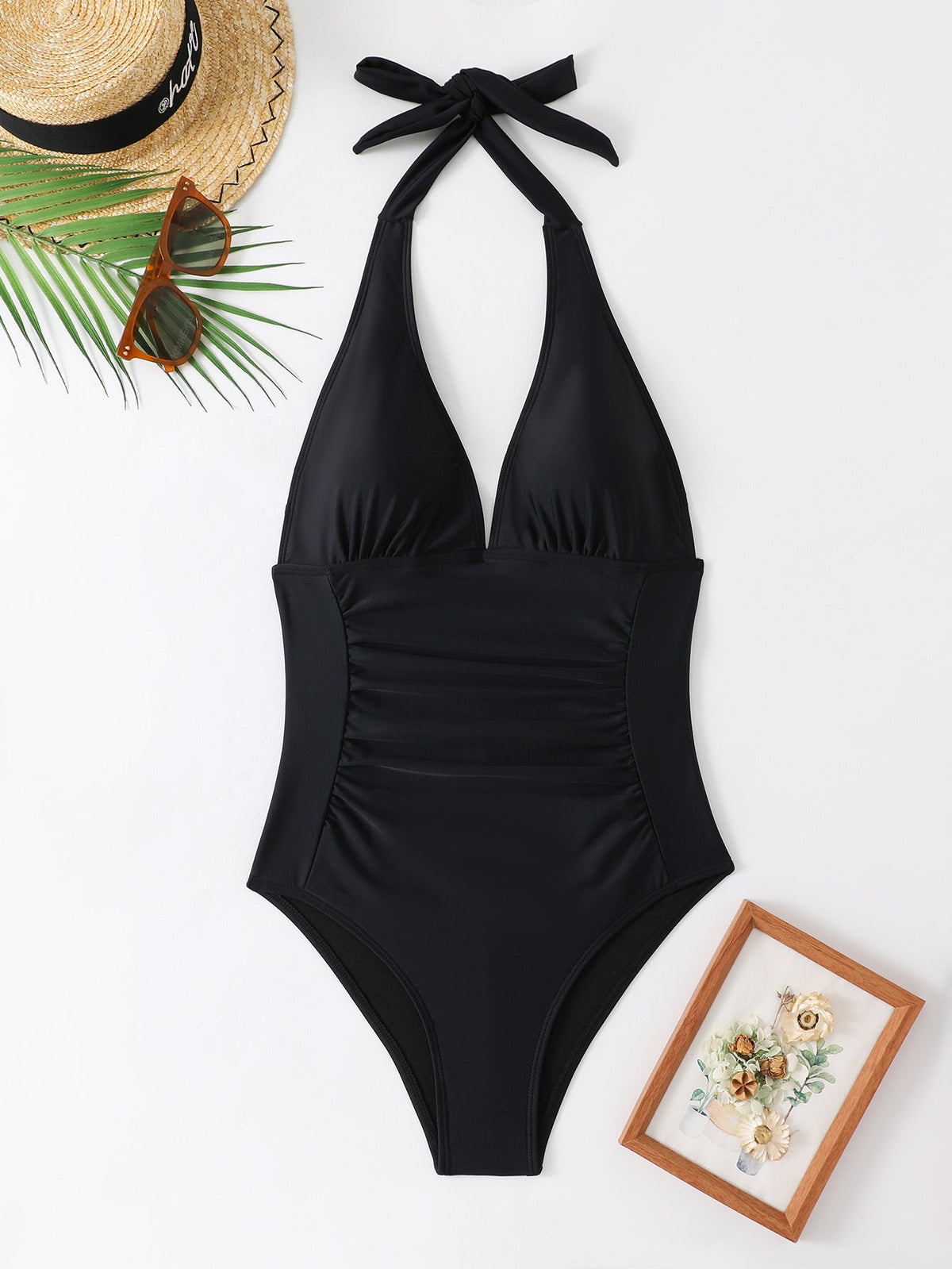 Women's Swimsuit with Deep V-Neck and Lace-Up Halter