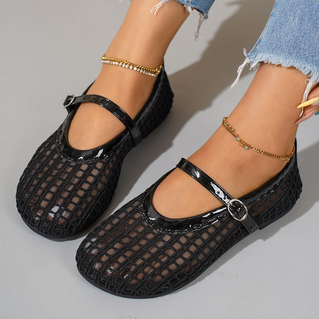 Women's Ballet Flats with Buckle Detail and Mesh Texture