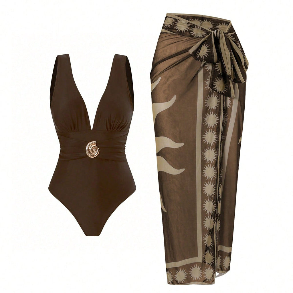 Women's Swimsuit with Feminine Wrap Skirt and Elegant Jewelry Detail
