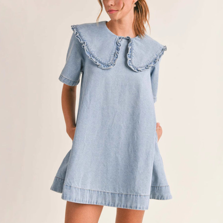 Women's Denim Dress with Ruffled Collar