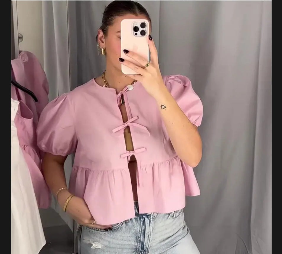 Leopard Print Short-Sleeve Blouse with Playful Ruffles