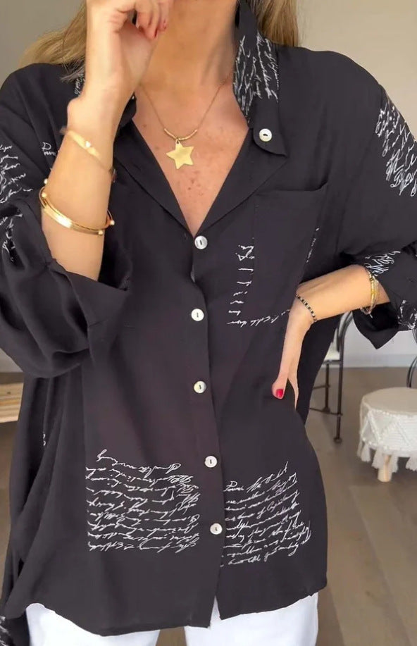 Women's Blouse with Modern Script Design and Loose Fit