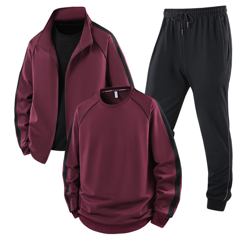Men's two-piece training set with stand-up collar zip jacket, round neck sweatshirt, and tapered jogging pants