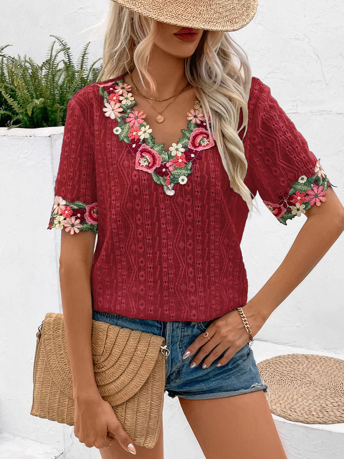Women's Blouse with Floral Embroidery and Airy Sleeves